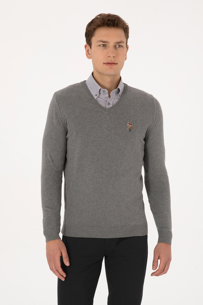 U.S. Polo Assn. Men's Slim Fit V-Neck Gray Melange Basic Sweater 50307778-Vr086
