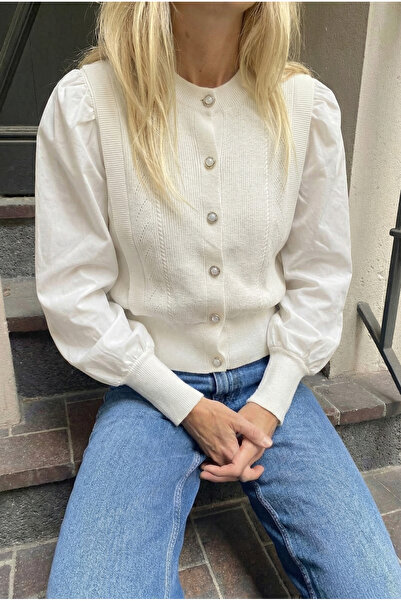 FEMELLE Women's White Knitwear with Knitted Sleeves and Fabric Buttons Cardigan