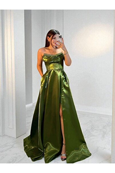 OLA Rozel Göğsü Taşlı Parlak Saten Cepli Yeşil Abiye Elbise