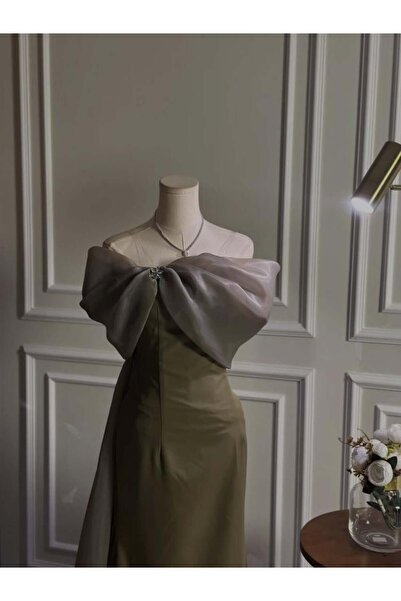 vanus fashion Elegant evening dress in olive with soft gray chiffon