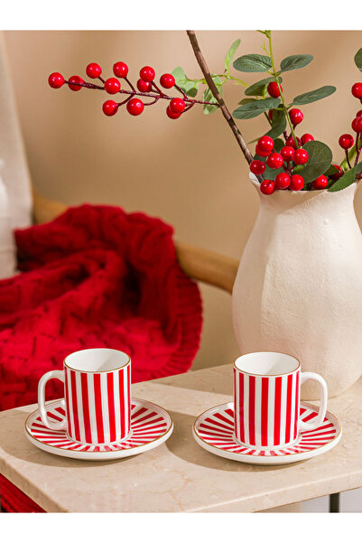 LC Waikiki Red Line Patterned 2-Person Coffee Cup Set 90 ml