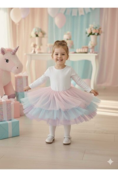 penu baby kids Rochie albă pentru fetiță, cu 3 straturi, cu tulle, cu mâneci lungi, căptușită cu țesătură din jerseu mat