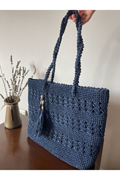 ELİŞİ MODA Navy Blue Handmade Paper String Knitted Casual Strap Shoulder Bag ...