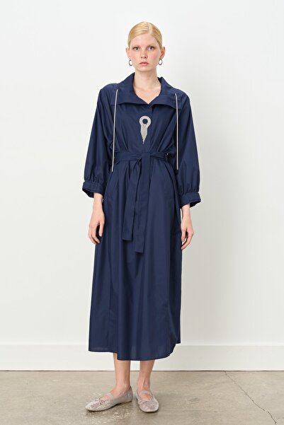 Nihan Yaka Detaylı Kuşaklı Pamuk Elbise Lacivert