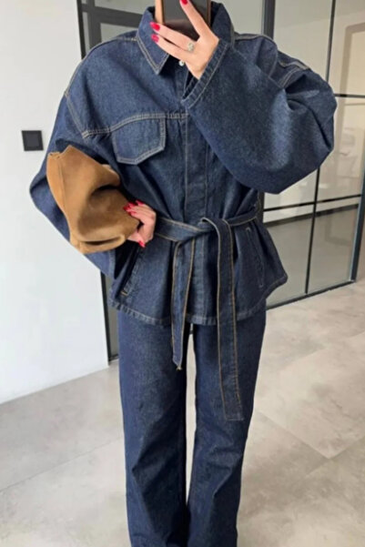 TRND Women's Denim Jeans Set Belted Denim Jacket & Wide Leg Pants Set Premium Denim