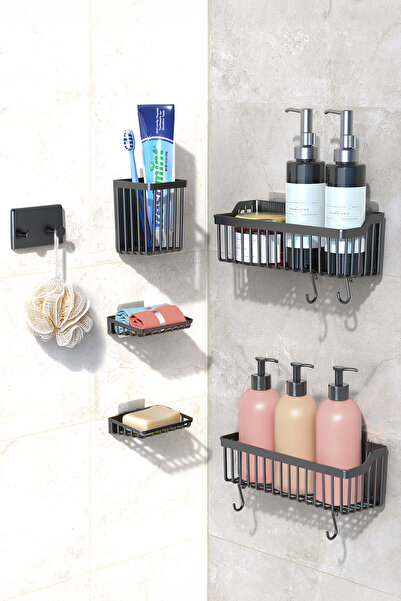 ATA HOME طقم حمام بانيور مكون من 6 قطع، منظم حمام لاصق، حامل شامبو، حامل فرشا...