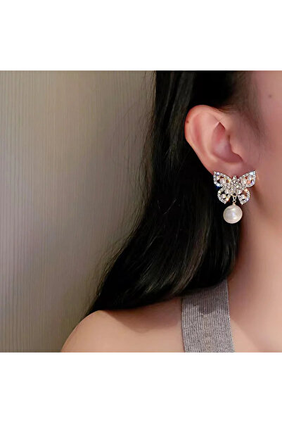 GlaMLo Accessories Butterfly Earrings with Crystals and Pearl – Elegant Model, Length 3 cm