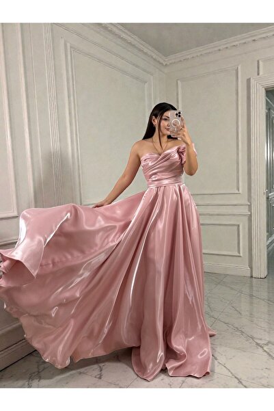 OLA Galya Tek Kol Saten Parlak Pudra Pembe Abiye Elbise