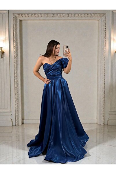 OLA Galya One Sleeve Satin Shiny Cobalt Evening Dress