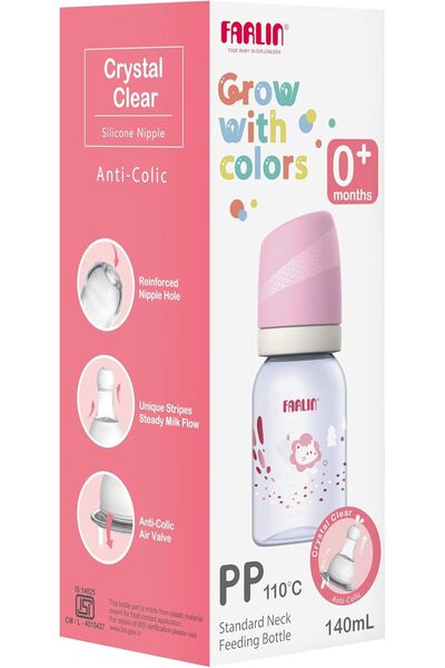 FARLİN Standard Neck PP Feeding Bottle 140ml (0M+), BPA-Free, Anti-Colic Silicone Nipple