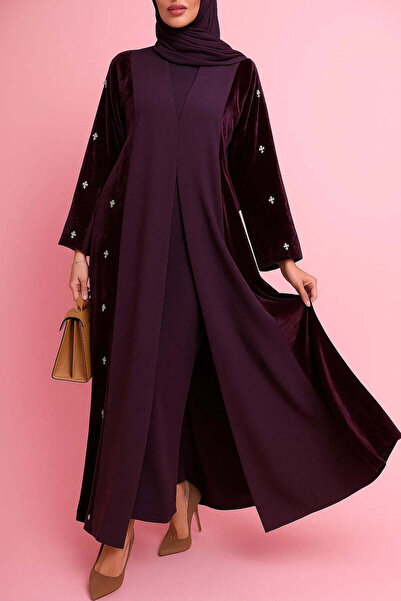 MayaCloset كيمونو مخملي فاخر مع عباءة وتطريز حجري متقن - مثالي لفصل الشتاء