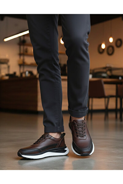 Ata Shoes 4001 Men's Coffee Casual Seasonal Genuine Leather Shoes Light Sole Orthopedic Lace-Up