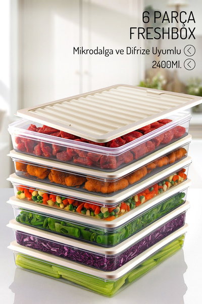 We House 6 Pieces of 2400 Ml. Freshbox Storage Container Set - Microwave and Dishwasher Safe Cream