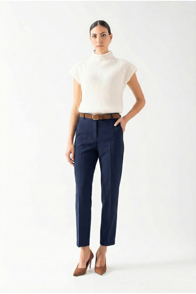 Spazio Furmann Yüksek Bel Deri Kemerli Dar Paça Pantolon LACİVERT