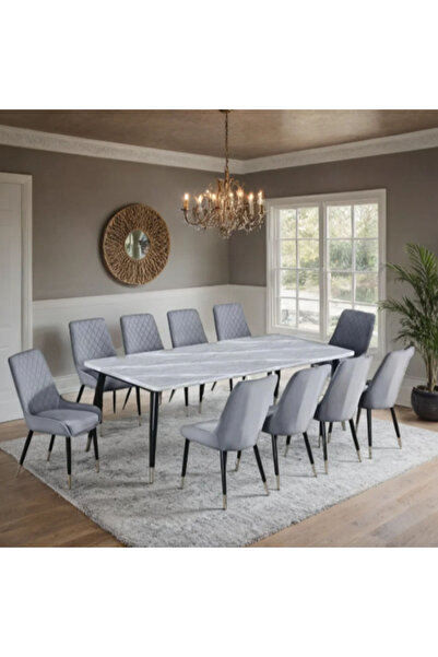 Tasamem Dafia Marble dining table with 10 fabric chairs