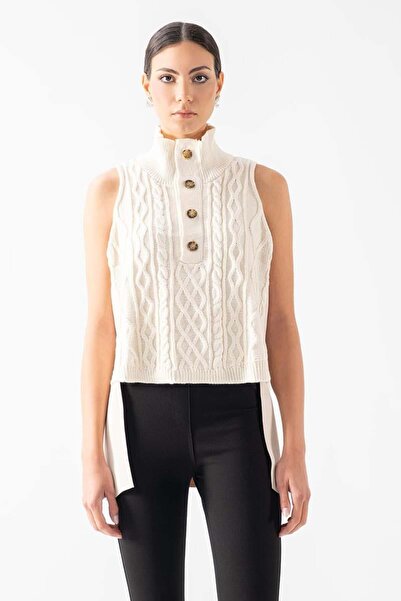 Spazio Dionigia Dik Yaka Yarım Pat Düğmeli Ön Örme Arka Nubuk Triko TAŞ