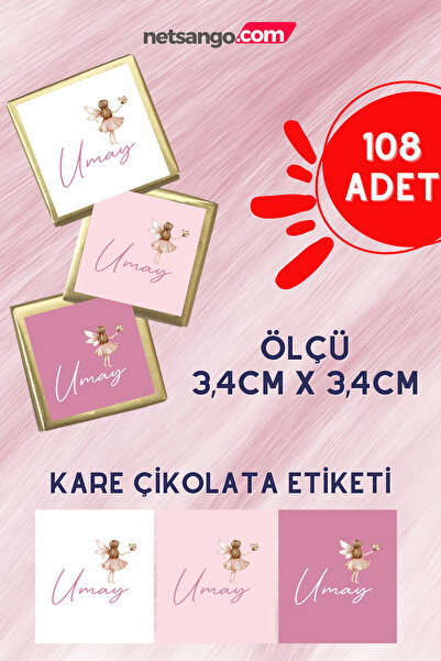 Netsan Etiket Özel İsimli 108 Adet Çikolata Etiketi Yapışkanlı 3,4 X 3,4cm Kuşe Sticker Pembe Peri Kız Desen