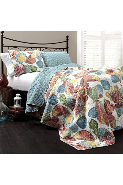 Lush Decor طقم فراش ليلى كويلت بطبعة أوراق شجر زهرية، مكون من 3 قطع، قابل للع...