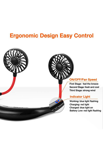 Generic Rechargeable Neckband Dual Fan ZY-A1 with 3 Speeds, USB Charging and Adjustable 360° Heads