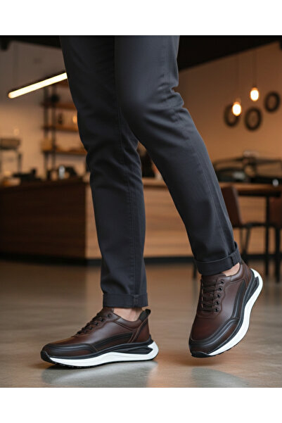 Ata Shoes 4001 Men's Coffee Casual Seasonal Genuine Leather Shoes Light Sole Orthopedic Lace-Up