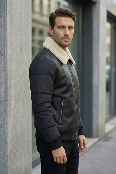 MOVENTO Men's Leather Coat with Puff Sleeve Detail