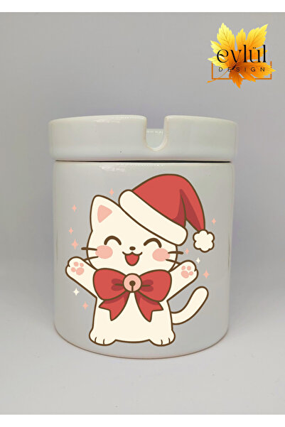 Eylül Design قطة لطيفة مع قبعة رأس السنة الجديدة مطبوع من السيراميك، طفاية سجائر بدون رائحة