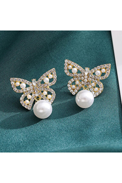 GlaMLo Accessories Butterfly Earrings with Crystals and Pearl – Elegant Model, Length 3 cm