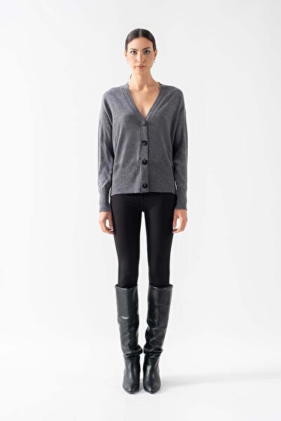 Spazio Roosevelt V Yaka Önden Düğmeli Uzun Kol Triko Hırka ANTRASİT