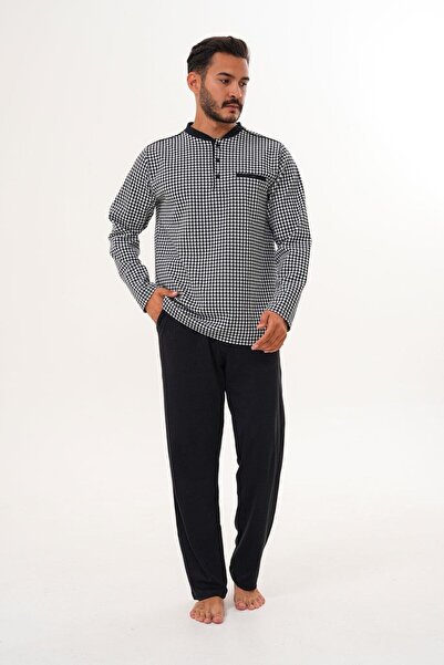 Çift Kaplan Erkek Kazayağı Desen Patlı Beyaz Pijama Takımı 8035