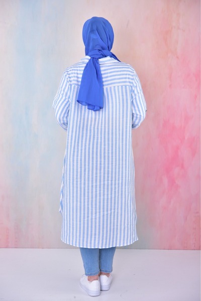 ruhaay Relaxed Fit Striped Summer Pocket Shirt Collar Long Sleeve Long Tunic