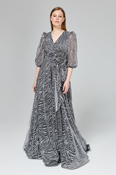 Nihan Simli Balon Kol Abiye Gri