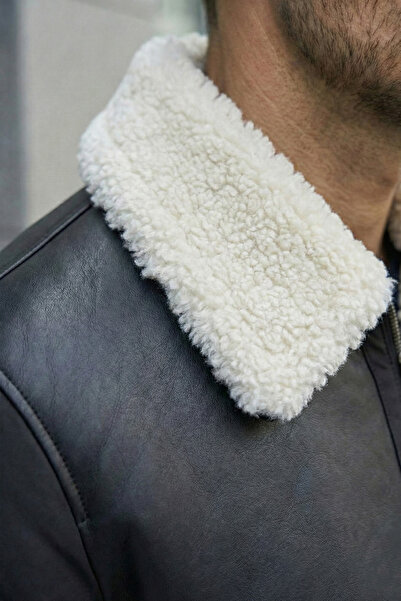 MOVENTO Men's Leather Coat with Puff Sleeve Detail