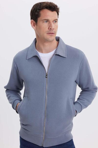 Tudors Unisex Relax Fit Comfortable Cut Cotton Inner Fleece Zippered Gray Polo Neck Flato Pocket Sweatshirt Cardigan