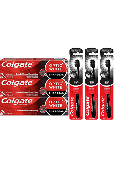 Colgate OPTIC WHİTE CHARCOAL GENTLE MİNERAL DİŞ MACUNU, 3 ADET & 360 SİYAH DİŞ FIRÇASI 3ADET