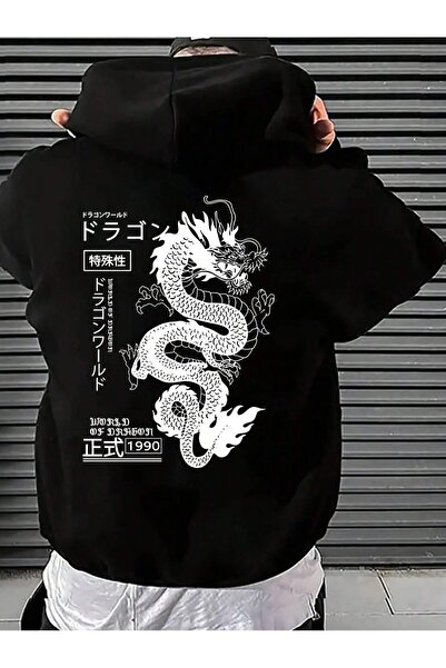 PENTLITH Black - Dragon Dragon Japanese Characters Printed Hoodie Zippered Ov...