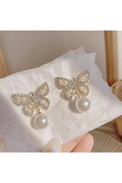 GlaMLo Accessories Butterfly Earrings with Crystals and Pearl – Elegant Model, Length 3 cm