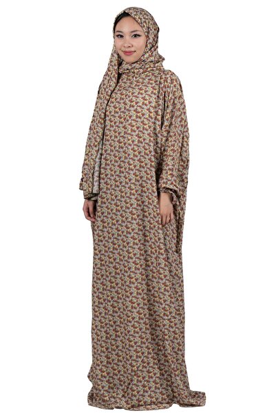 ABSHIR Floral Print Full-Length Prayer Dress with Attached Shawl, Long Sleeve - Jilabiya (Free Size)