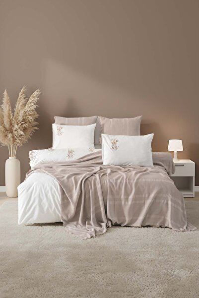 Rivaİstanbul Amara Mink Embroidered Double Size 100% Cotton Duvet Cover Set - 7 Piece Dowry Set