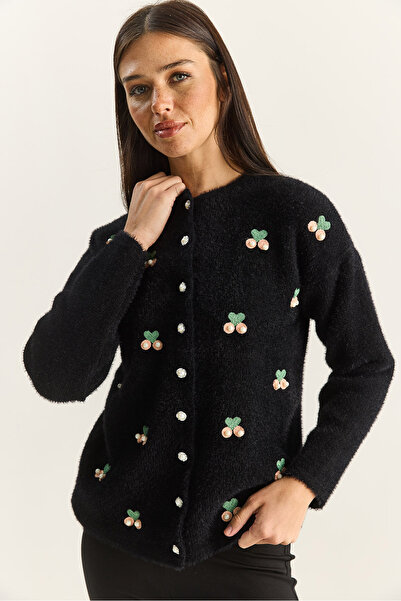 Bianco Lucci Women's Soft Textured Cherry Embroidered Pearl Accessory Knitwear Cardigan 60283702