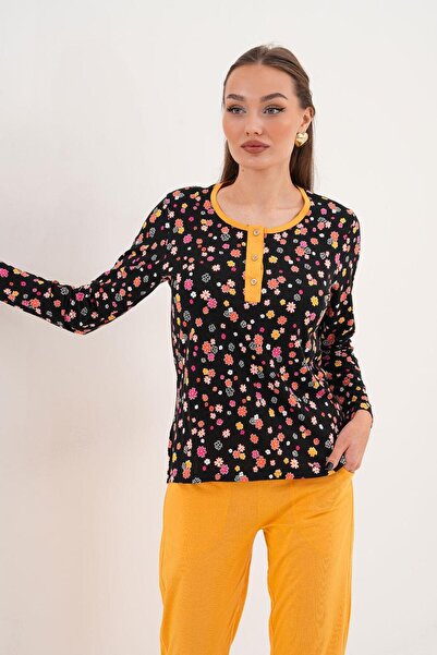 Çift Kaplan Kadın Pamuk Modal Papatyalı Patili Sarı Pijama Takımı 7008