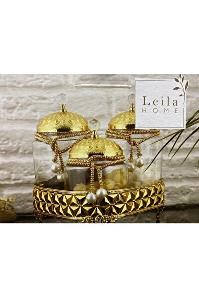 Leila 3’lü Altın Kapaklı Söz Kavanozu Seti – Çay-Kahve-Şeker Sunum Seti