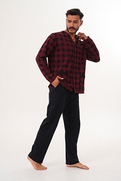 Çift Kaplan Erkek Damalı Önden Düğmeli Bordo Pijama Takımı 8021