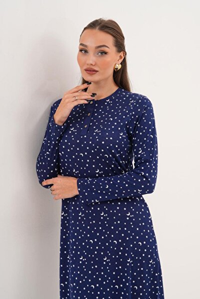 Çift Kaplan Kadın Pamuk Modal Yıldızlı Lacivert Gecelik 7007