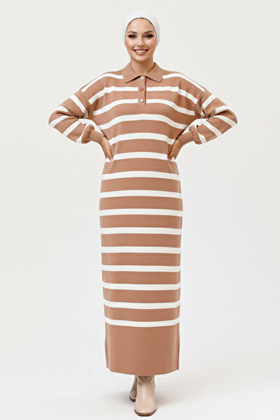 benguen Ριγέ πλεκτό φόρεμα με λεπτομέρεια με κουμπιά στο λαιμό 11031-1 Mink