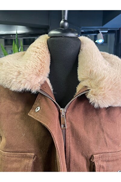 Dadali Women's Long Sleeve Coat with Fur Inside the Collar and Pockets