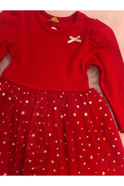 kidsense New Year's Birthday Special Day Glitter Star Printed Red Girl's Dress