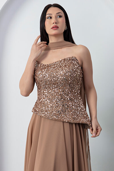 PULLIMM Strapless Neckline Top Sequin Bottom Chiffon Evening Dress Ecr5701