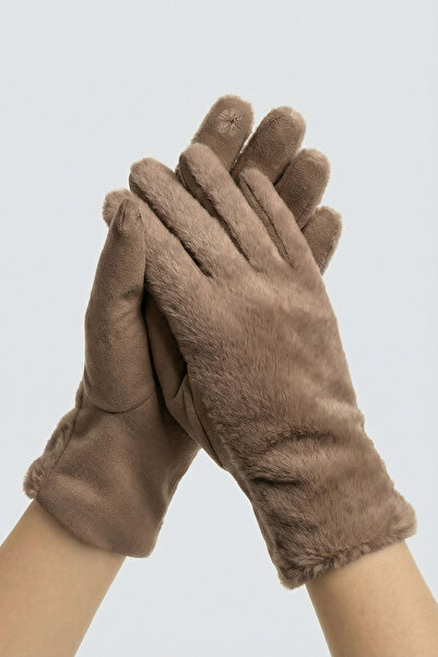 robanu Women's Mink Plush Detailed Suede Touchscreen Compatible Winter Gloves