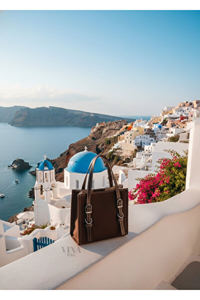 Vina Bag Espresso Kahve Deri Saplı Keten El ve Çapraz Çanta