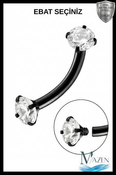 MAZEN Siyah Renk Çift Zirkon Taşlı Tırnaklı Kaş Piercingi (Curved Barbell)
